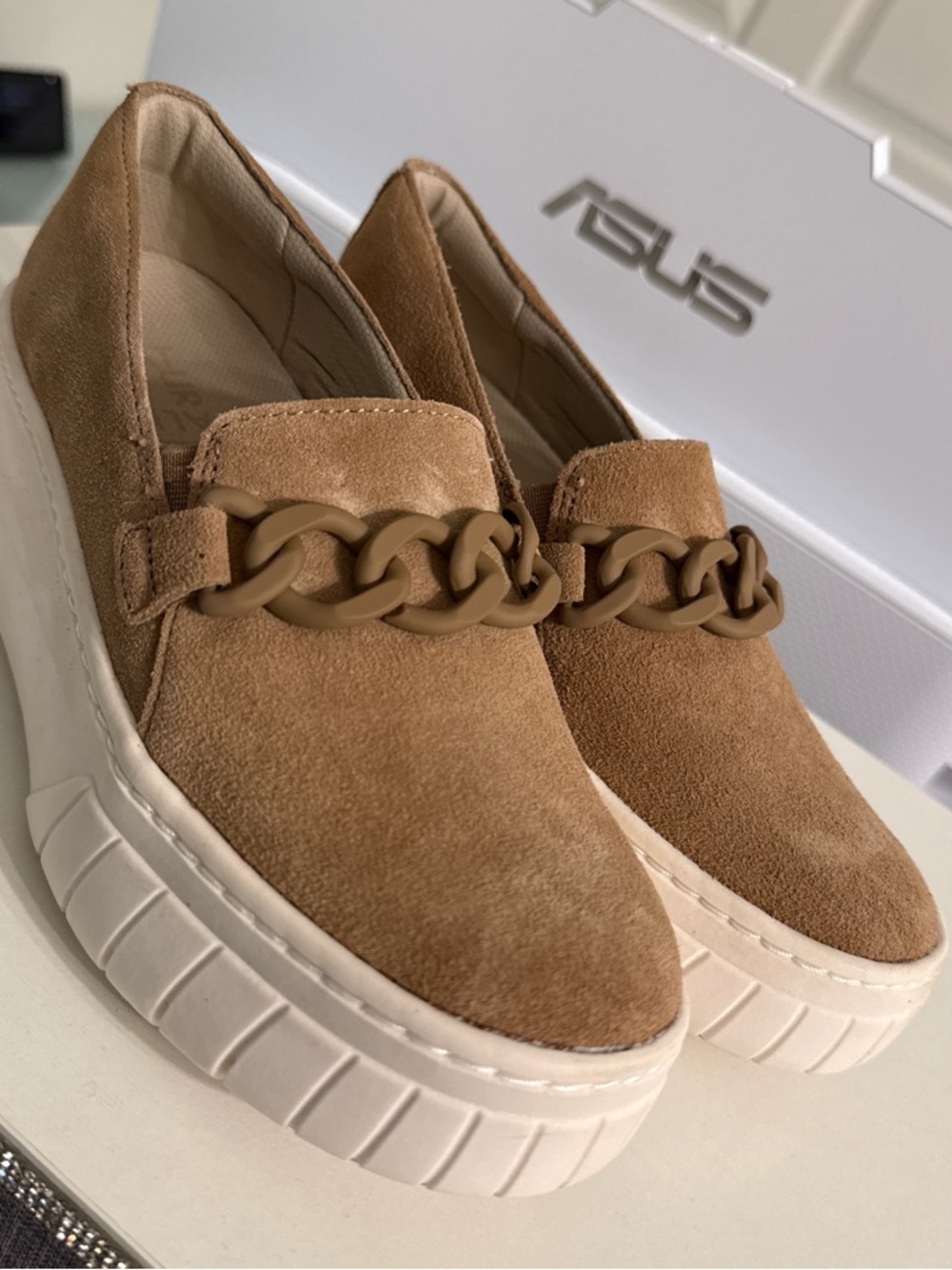 Naturalizer Camel Suede Platform Slip-On Loafers with Matte Chain